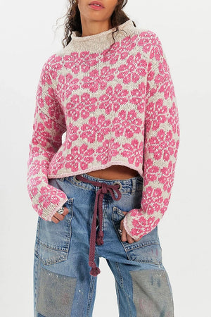 Pink Floral Crop Sweater