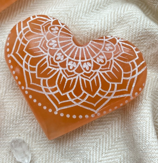 Etched Peach Selenite Crystal Heart-Radiate Bliss Design