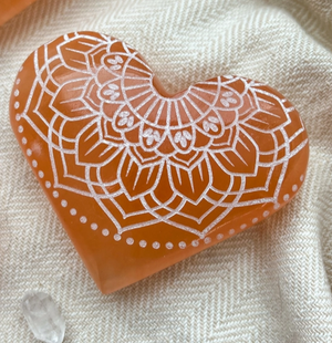 Etched Peach Selenite Crystal Heart-Radiate Bliss Design