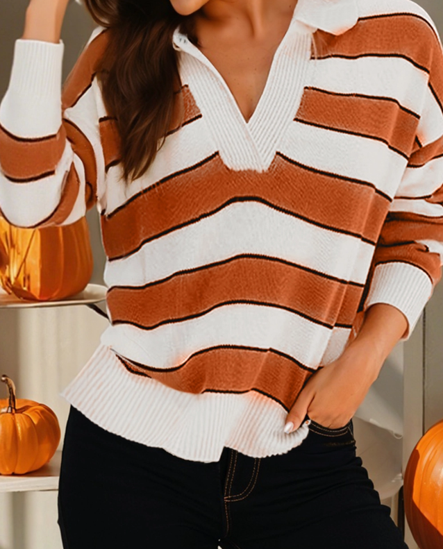 Brown & Orange Stripe Polo Sweater