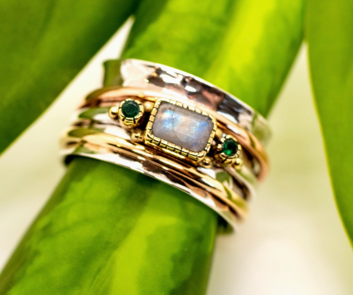 Emerald & Moonstone Spinner Rings