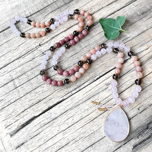 Rose Quartz, Sunstone, Strawberry Quartz, & Smoky Quartz Mala Necklace