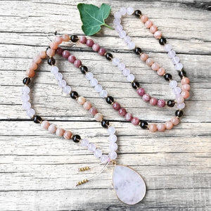Rose Quartz, Sunstone, Strawberry Quartz, & Smoky Quartz Mala Necklace