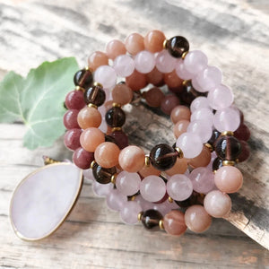 Rose Quartz, Sunstone, Strawberry Quartz, & Smoky Quartz Mala Necklace