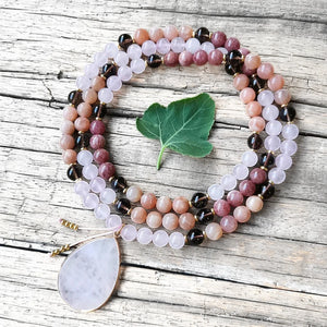 Rose Quartz, Sunstone, Strawberry Quartz, & Smoky Quartz Mala Necklace
