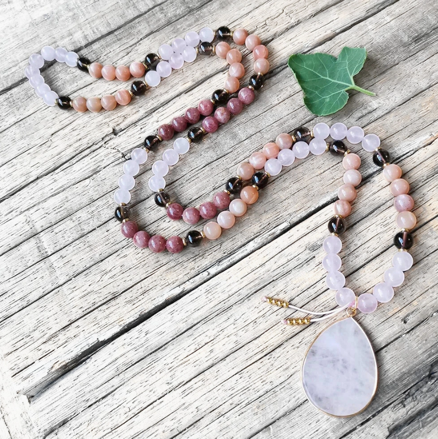 Rose Quartz, Sunstone, Strawberry Quartz, & Smoky Quartz Mala Necklace