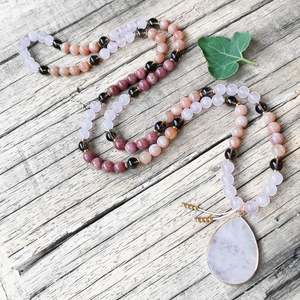 Rose Quartz, Sunstone, Strawberry Quartz, & Smoky Quartz Mala Necklace