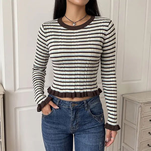 Brown Striped Ruffled Top