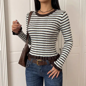 Brown Striped Ruffled Top