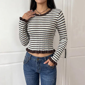 Brown Striped Ruffled Top