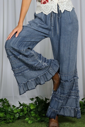 Tiered Ruffle Chambray Pants-Washed Denim