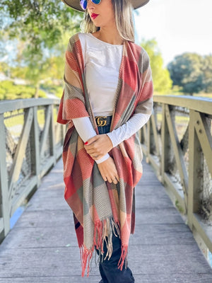 Autumn Rust Plaid Ruana Cardigan