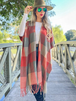 Autumn Rust Plaid Ruana Cardigan