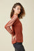 Waffle Knit Stripe Sleeve Top-Rust