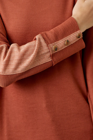 Waffle Knit Stripe Sleeve Top-Rust