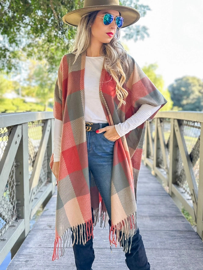 Autumn Rust Plaid Ruana Cardigan