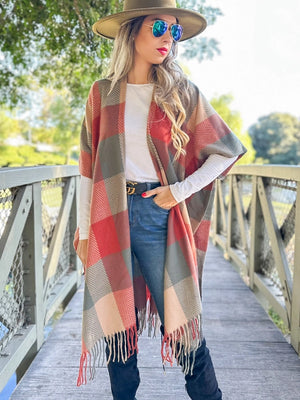 Autumn Rust Plaid Ruana Cardigan
