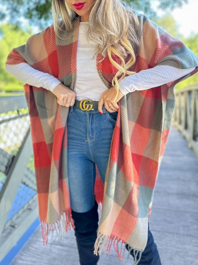 Autumn Rust Plaid Ruana Cardigan
