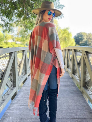 Autumn Rust Plaid Ruana Cardigan