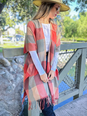 Autumn Rust Plaid Ruana Cardigan