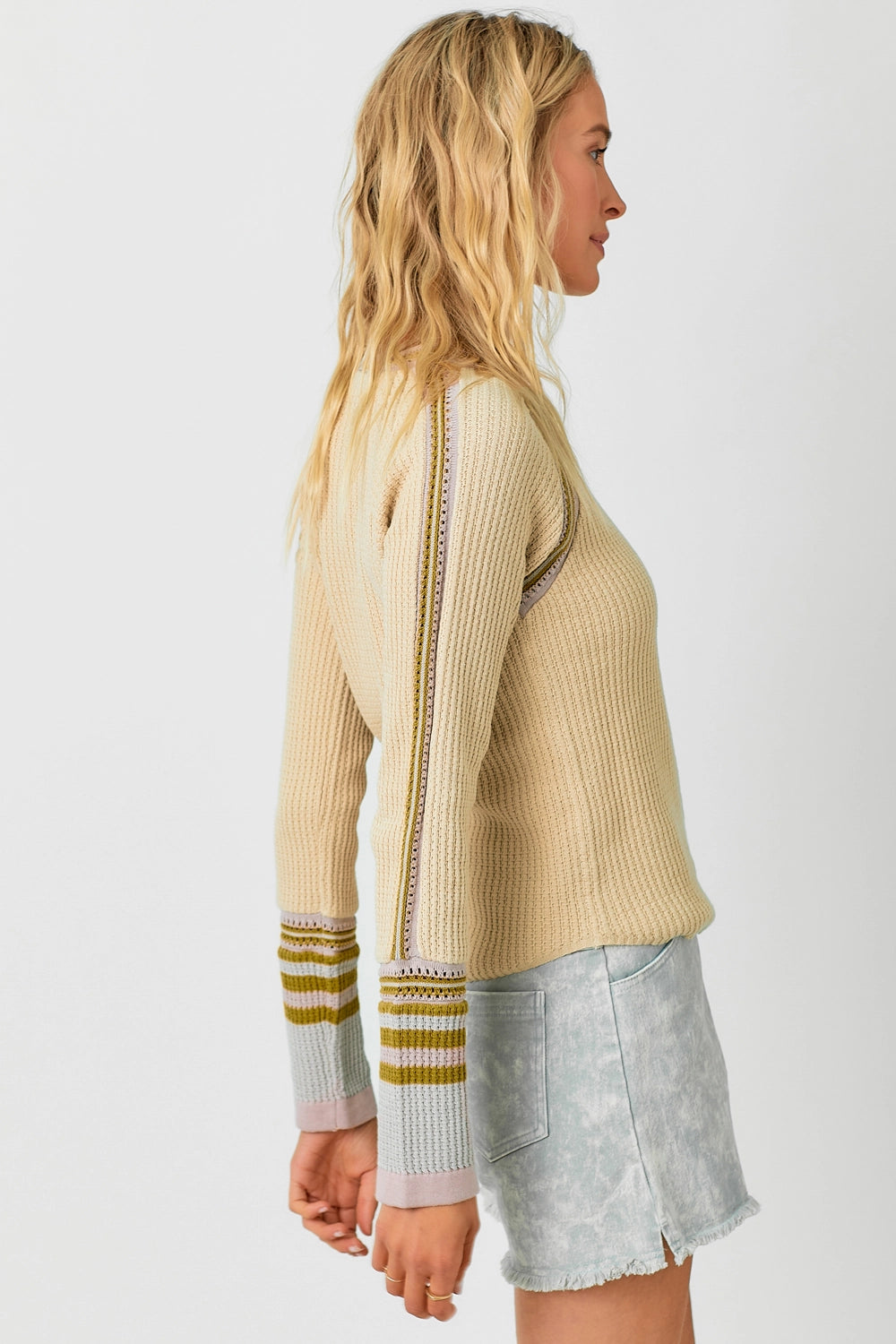 Sand Striped Trim Raglan Sweater