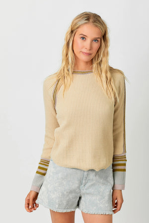 Sand Striped Trim Raglan Sweater