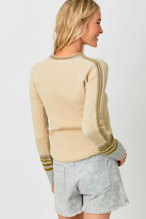 Sand Striped Trim Raglan Sweater