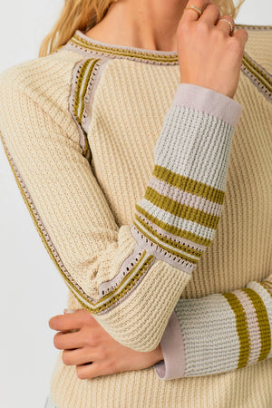 Sand Striped Trim Raglan Sweater