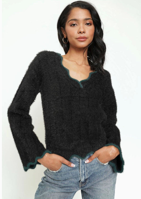 Fuzzy Black Scallop Edge Sweater