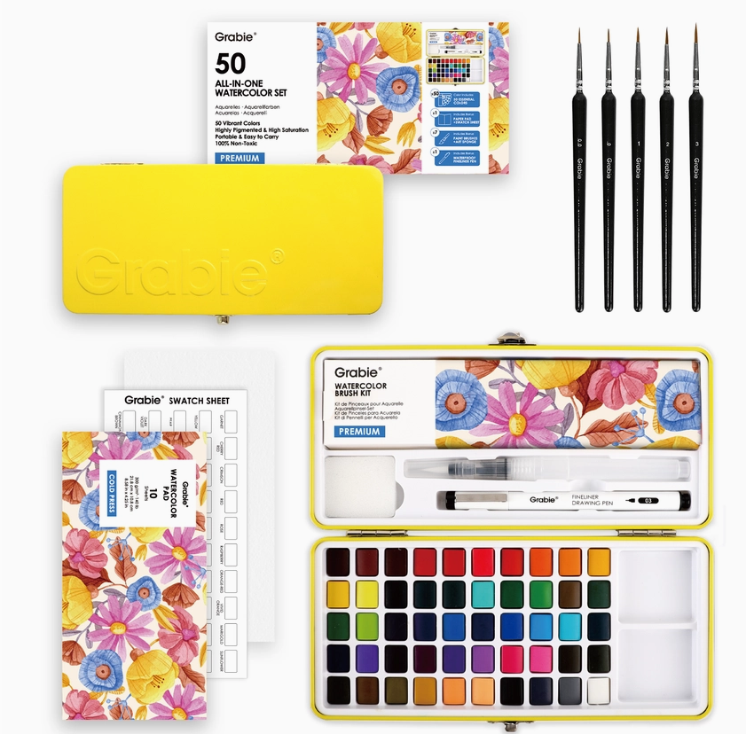Set of 50 Watercolor paints with brushes, sponge, pen, paper