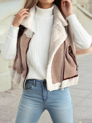 Dark Khaki Faux Suede Sherpa Lined Vest
