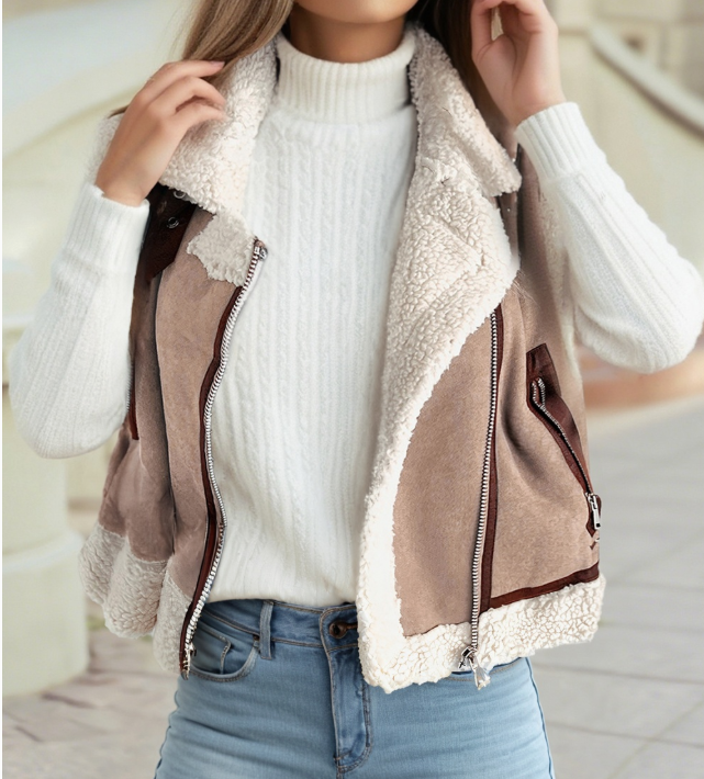 Dark Khaki Faux Suede Sherpa Lined Vest