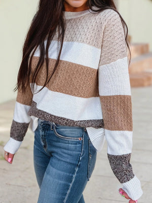 Mixed Texture Brown Striped Sweater