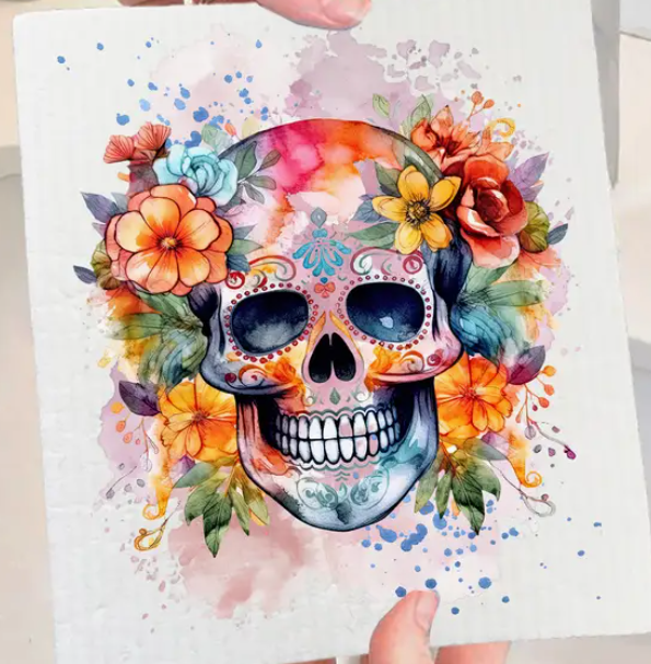 Colorful Floral Sugar Skull Dishcloth