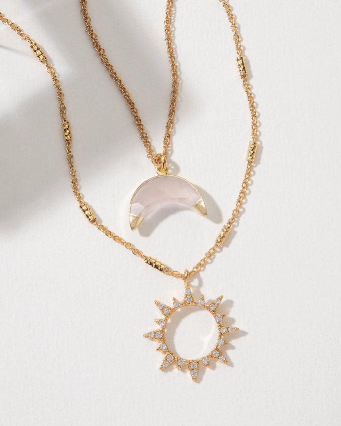 Rose Quartz Moon & CZ Sun Necklace Set