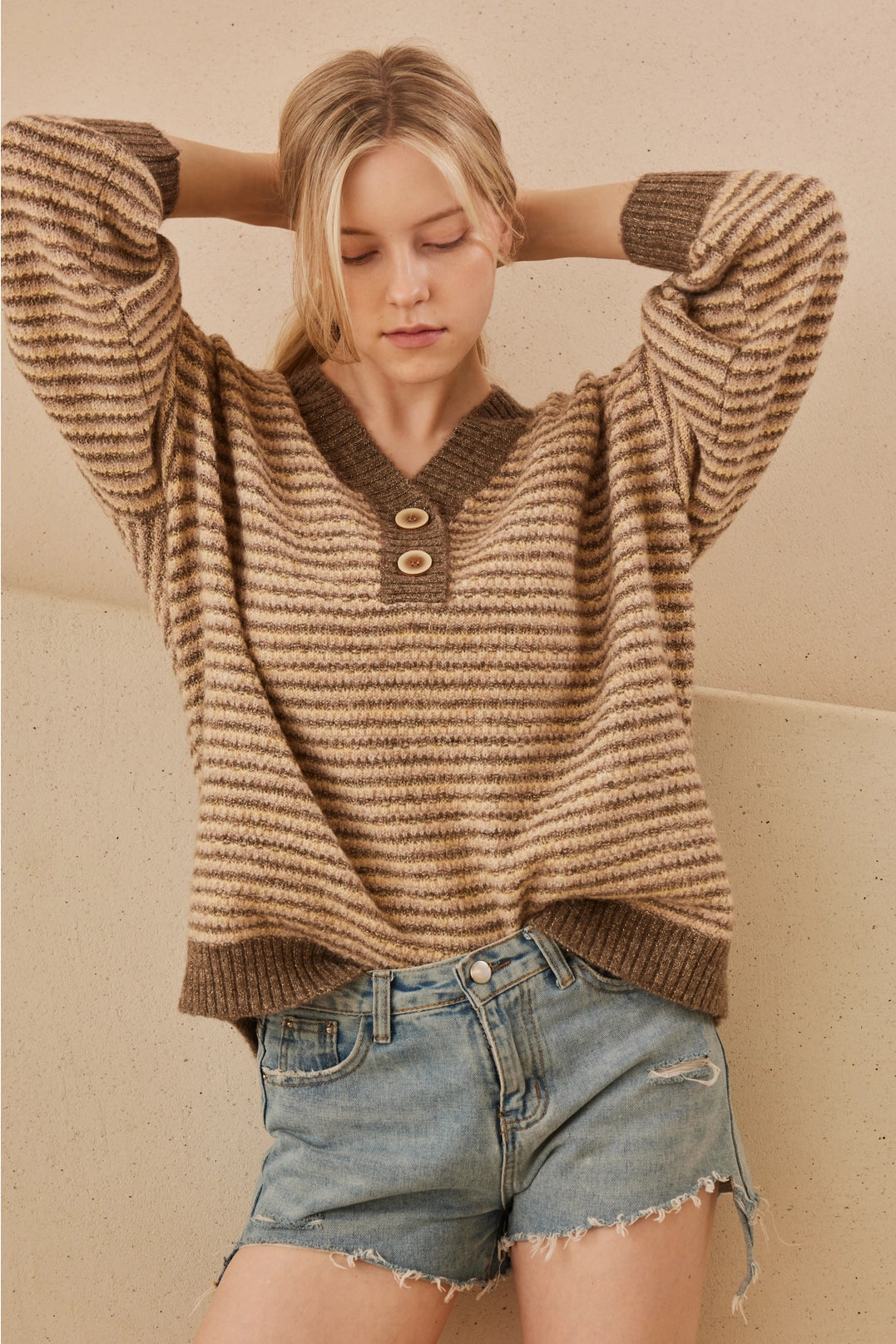 Taupe Stripe V-Neck Sweater
