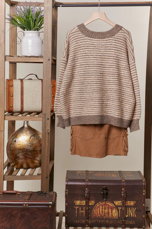Taupe Stripe V-Neck Sweater