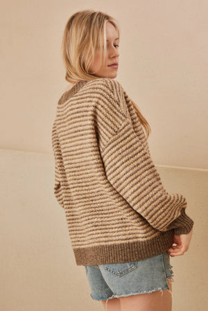 Taupe Stripe V-Neck Sweater
