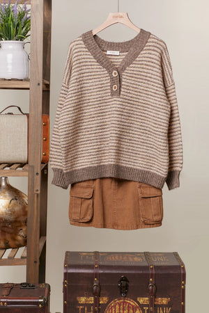 Taupe Stripe V-Neck Sweater