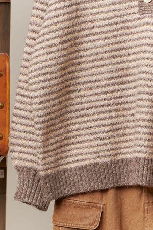 Taupe Stripe V-Neck Sweater
