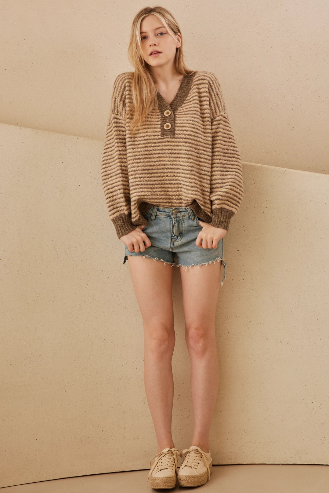 Taupe Stripe V-Neck Sweater