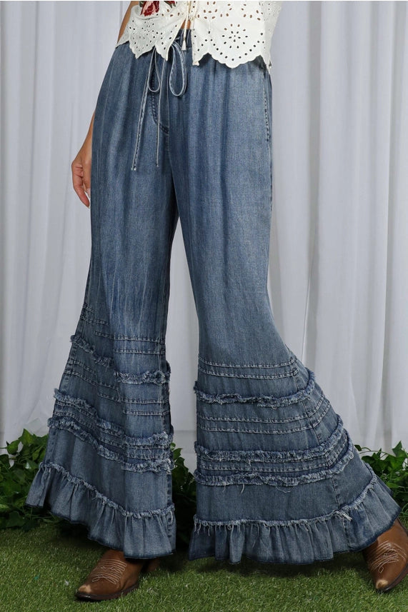 Tiered Ruffle Chambray Pants-Washed Denim