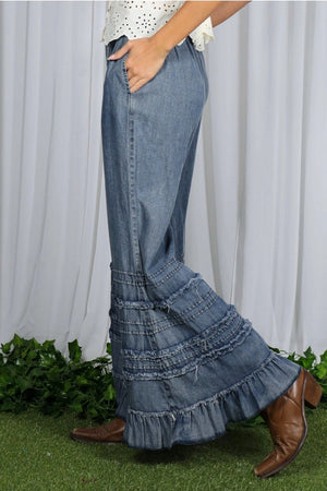 Tiered Ruffle Chambray Pants-Washed Denim