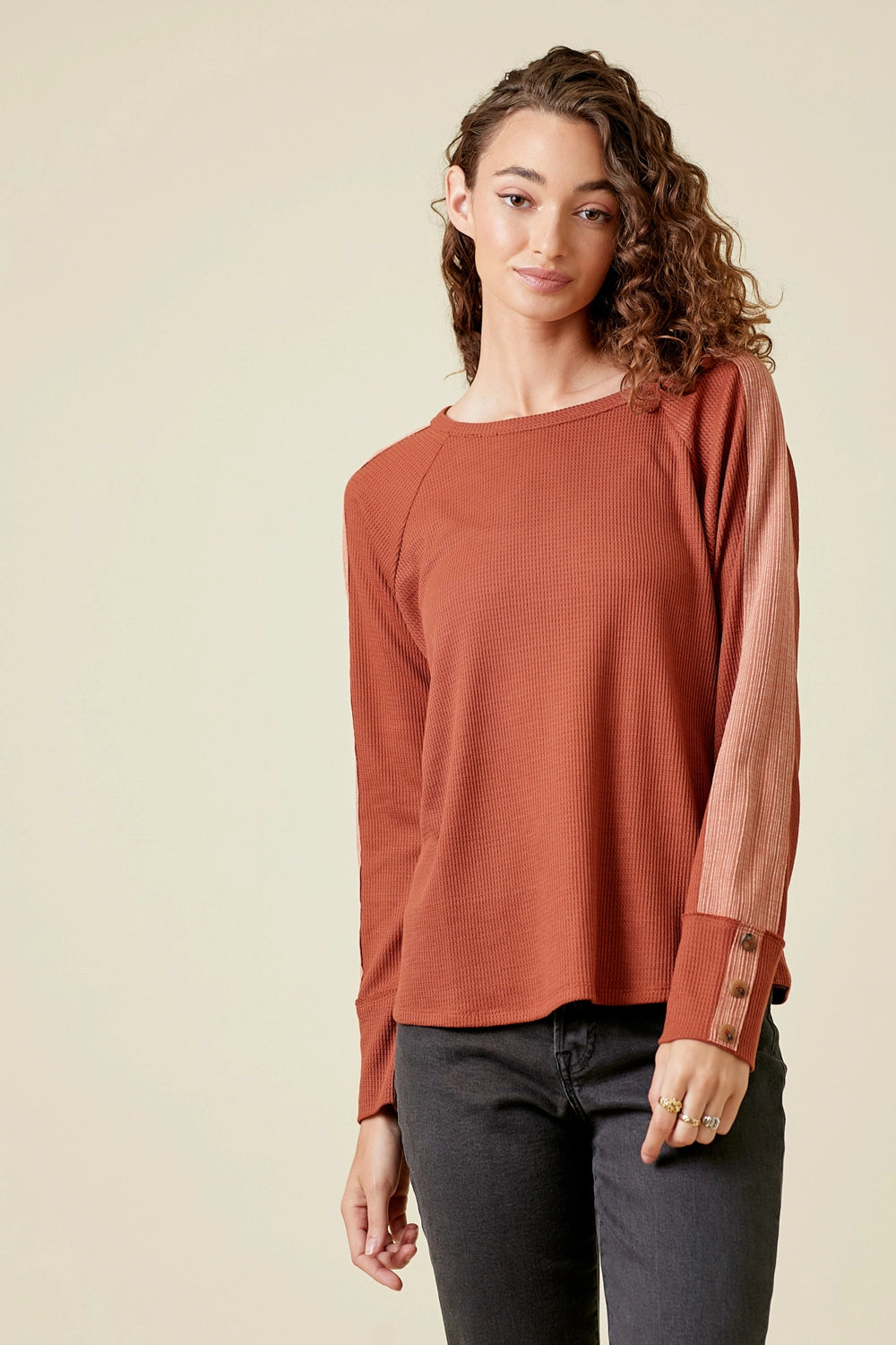 Waffle Knit Stripe Sleeve Top-Rust