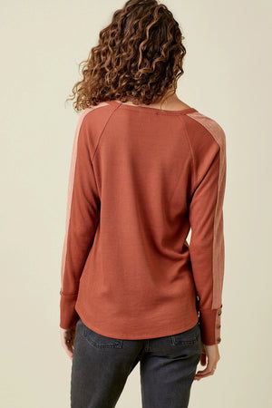 Waffle Knit Stripe Sleeve Top-Rust