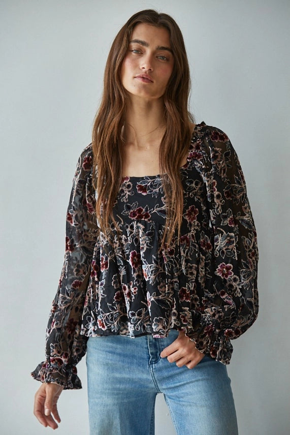 Black Floral Velvet Top