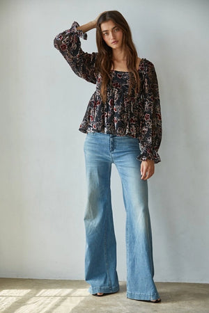 Black Floral Velvet Top