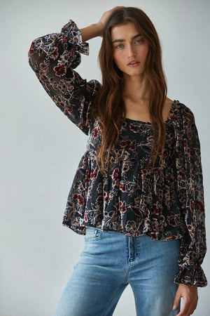 Black Floral Velvet Top