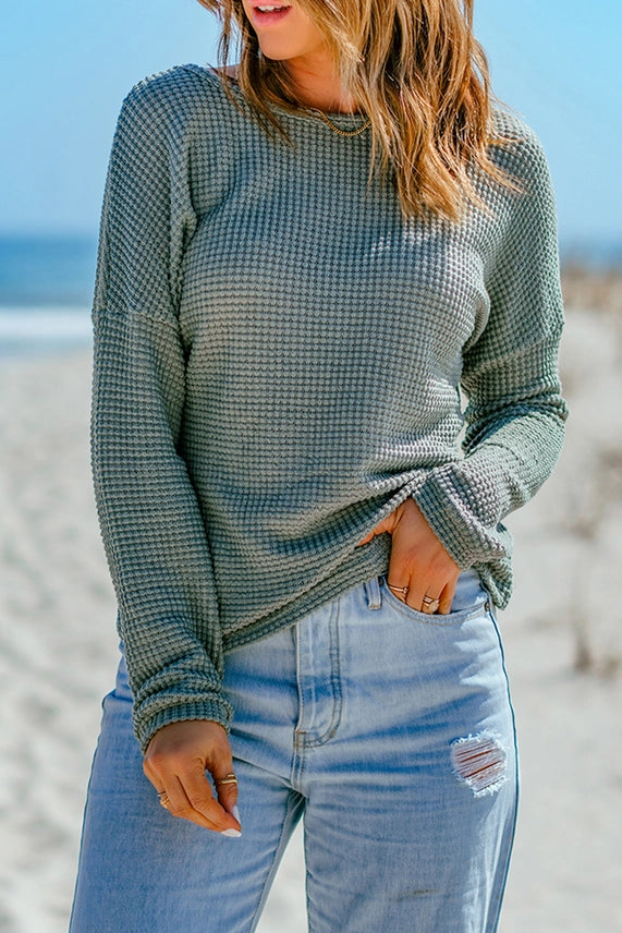Green Waffle Knit Drop Shoulder Top