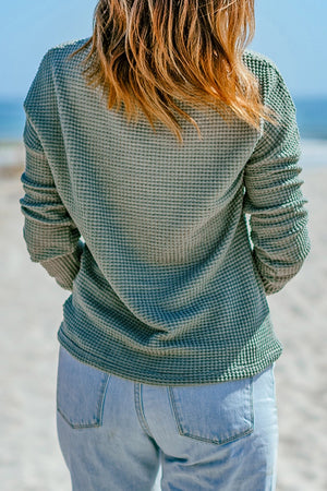 Green Waffle Knit Drop Shoulder Top